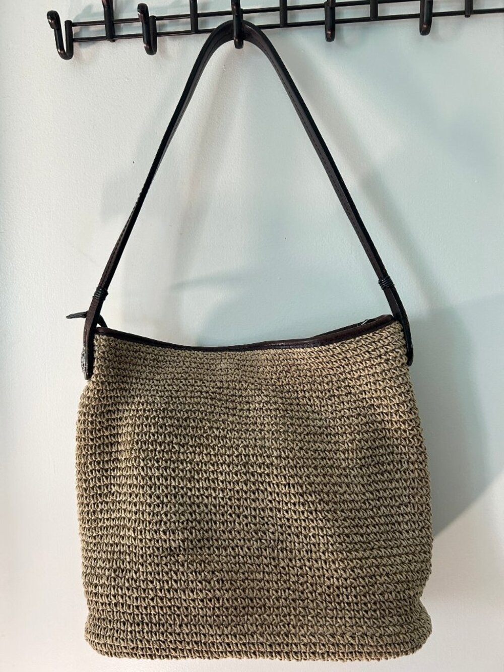 Brighton Straw Crochet Hobo Shoulder Bag Brown Leather Trim Floral Detail Boho - Picture 5 of 14